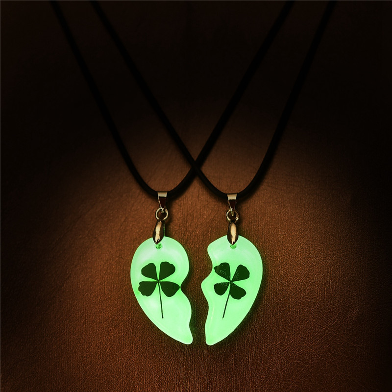 Red Clover Flower - Four Leaf Clover Luminous Couple Necklaces